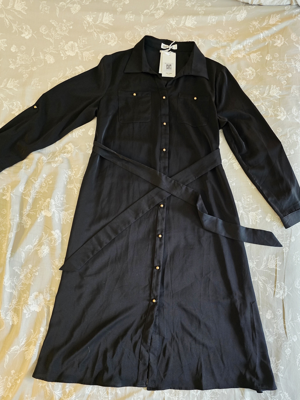 Grace Karin Black Long Sleeve Belted Midi Shirt Dress